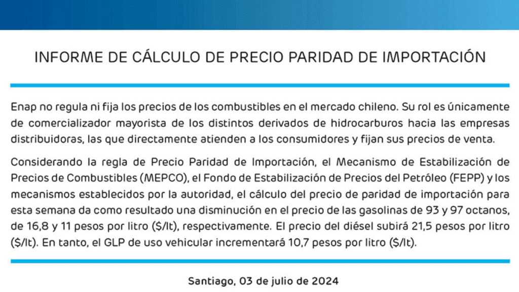 Enap anuncia baja en el precio de las bencinas.